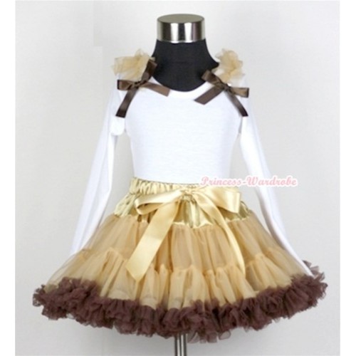 Light Dark Brown Pettiskirt with Matching White Long Sleeves Top with Light Brown Ruffles & Dark Brown Bow MW99 