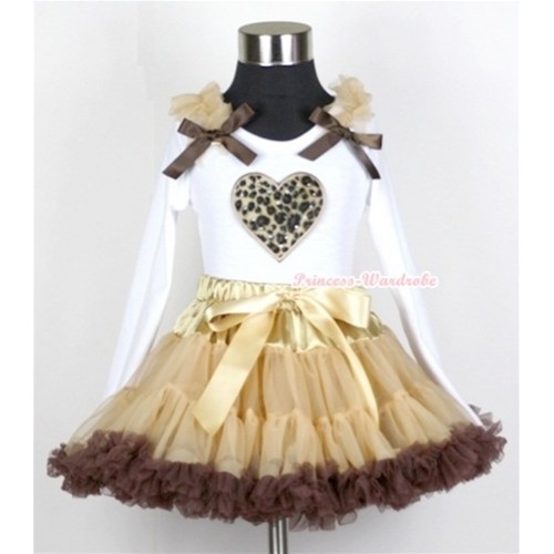 Light Dark Brown Pettiskirt with Leopard Heart Print White Long Sleeves Top with Light Brown Ruffles and Dark Brown Bow MW113 