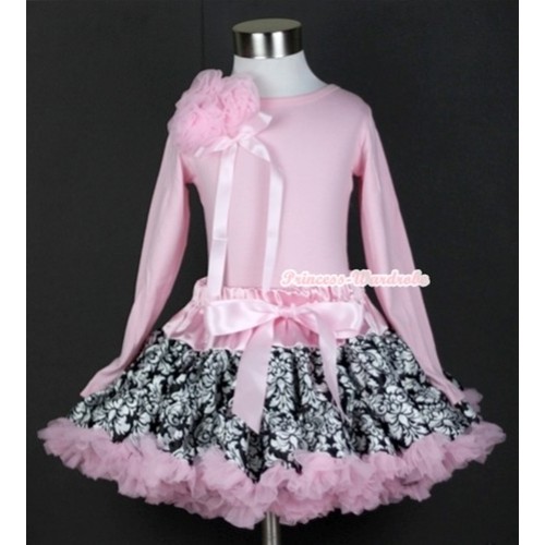 Light Pink Damask Pettiskirt with Matching Light Pink Long Sleeves Top with Bunch of Light Pink Rosettes& Light Pink Bow MW116 
