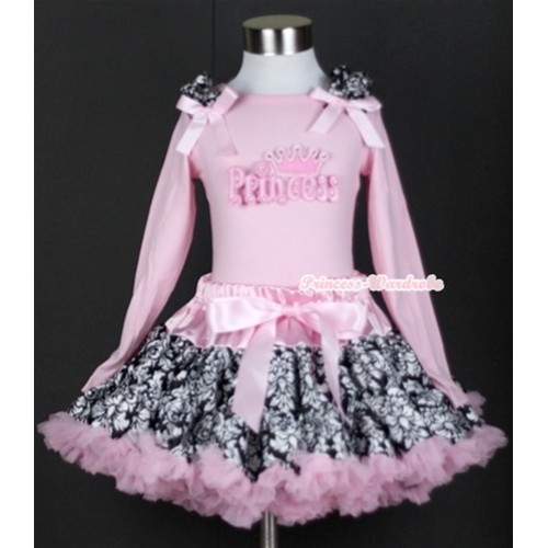 Light Pink Damask Pettiskirt with Princess Print Light Pink Long Sleeves Top with Damask Ruffles and Light Pink Bow MW119 