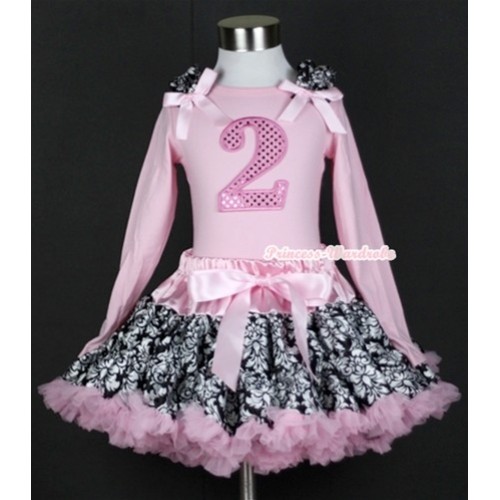 Light Pink Damask Pettiskirt with 2nd Sparkle Light Pink Birthday Number Print Light Pink Long Sleeves Top with Damask Ruffles and Light Pink Bow MW122 