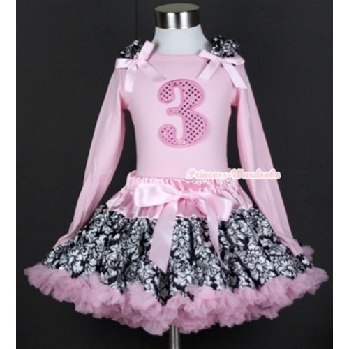 Light Pink Damask Pettiskirt with 3rd Sparkle Light Pink Birthday Number Print Light Pink Long Sleeves Top with Damask Ruffles and Light Pink Bow MW123 