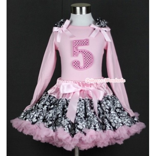 Light Pink Damask Pettiskirt with 5th Sparkle Light Pink Birthday Number Print Light Pink Long Sleeves Top with Damask Ruffles and Light Pink Bow MW125 