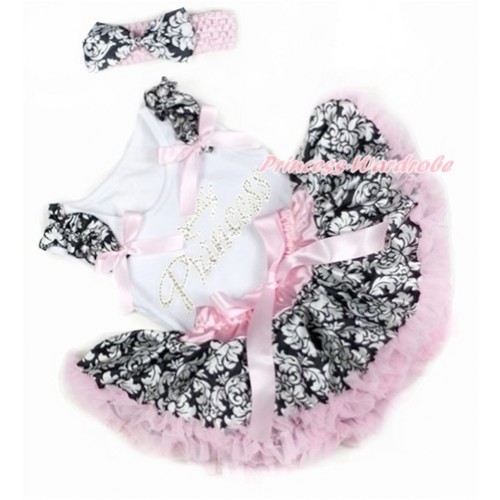 White Baby Pettitop with Damask Ruffles & Light Pink Bows with Sparkle Crystal Bling Rhinestone Princess Print & Light Pink Damask Newborn Pettiskirt With Light Pink Headband Damask Satin Bow NG1353 