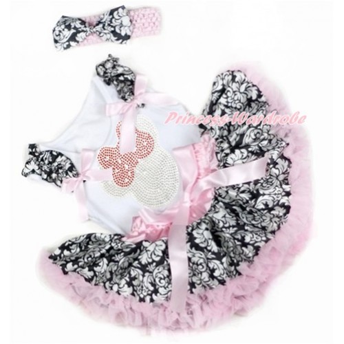 White Baby Pettitop with Damask Ruffles & Light Pink Bows with Sparkle Crystal Bling Rhinestone Red Minnie Print & Light Pink Damask Newborn Pettiskirt With Light Pink Headband Damask Satin Bow NG1355 