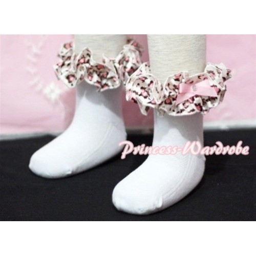 Plain Style Pure White Socks with Light Pink Leopard Ruffles and Bow H204 