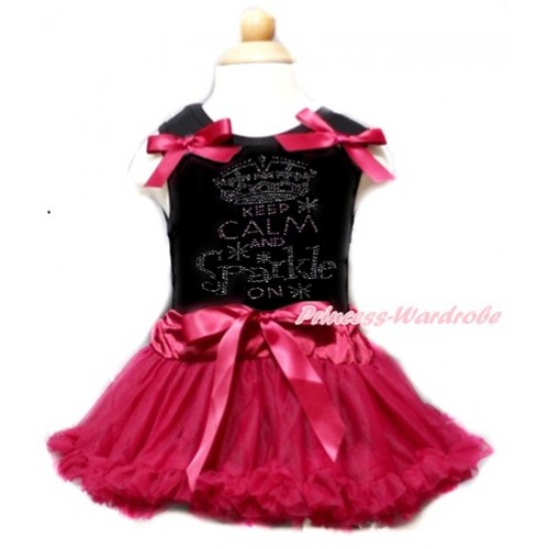 Black Baby Pettitop & Raspberry Wine Red Bows & Sparkle Crystal Bling Rhinestone Keep Calm And Sparkle On Print With Raspberry Wine Red Baby Pettiskirt NG1357 