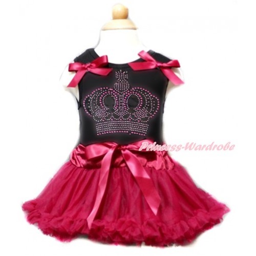 Valentine's Day Black Baby Pettitop & Raspberry Wine Red Bows & Sparkle Crystal Bling Rhinestone Crown Print With Raspberry Wine Red Baby Pettiskirt NG1359 
