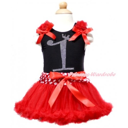Black Baby Pettitop with Red Ruffles & Red Bow with 1st Sparkle Crystal Bling Rhinestone Birthday Number Print with Minnie Dots Waist Red Newborn Pettiskirt NG1365 