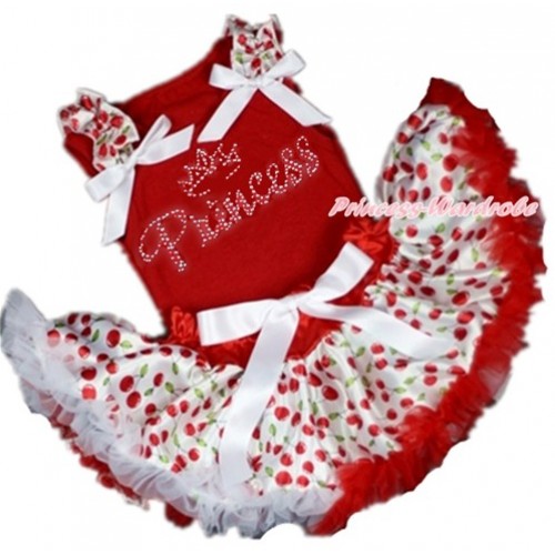 Red Baby Pettitop with White Cherry Ruffles & White Bow with Sparkle Crystal Bling Rhinestone Princess Print with Red White Cherry Newborn Pettiskirt NG1369 