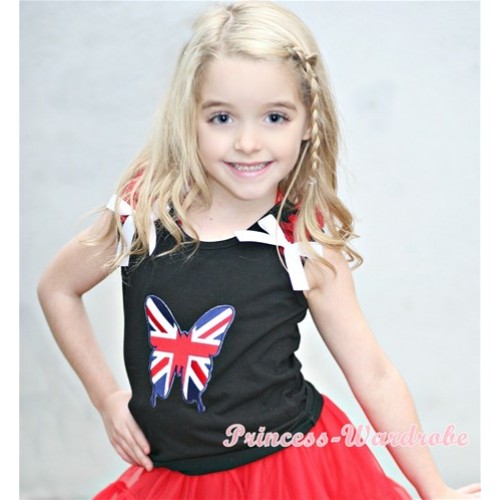 Patriotic British Flag Butterfly Print Black Tank Top with Red Ruffles &White Bows TB257 