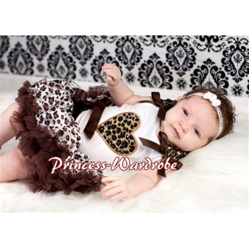White Baby Pettitop & Leopard Heart & Leopard Ruffles & Brown Bows with Brown Leopard Baby Pettiskirt NG311 