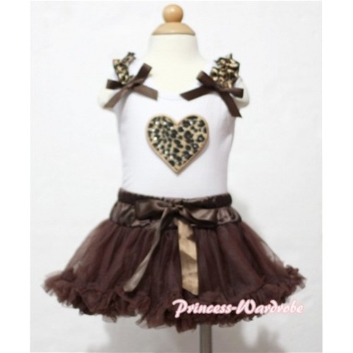 White Baby Pettitop & Leopard Heart & Leopard Ruffles & Brown Bows with Brown Baby Pettiskirt NG310 