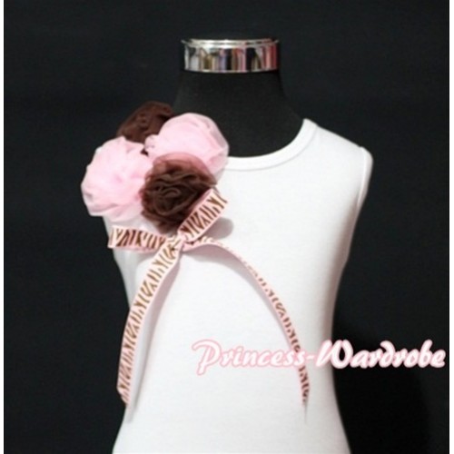 White Tank Top with Bunch of Brown Light Pink Rosettes and Brown Pink Zebra Bow TB132 