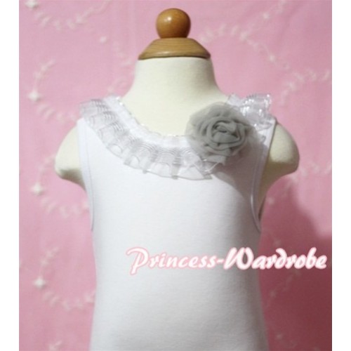 White Tank Tops with Pure White Chiffon Lacing and One Rose TB145 