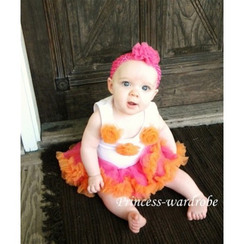 White Baby Pettitop & Orange Rosettes with Hot Pink Orange Baby Pettiskirt NG63 