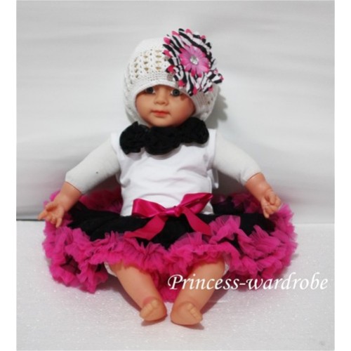White Baby Pettitop & Black Rosettes with Black Hot Pink Baby Pettiskirt NG102 