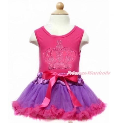Hot Pink Baby Pettitop With Sparkle Crystal Bling Rhinestone Crown Print with Dark Purple Hot Pink Baby Pettiskirt NG1372 