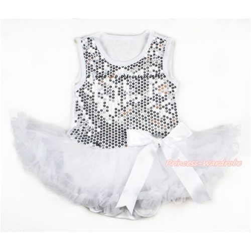 Valentine's Day White Sparkle Sequins Baby Bodysuit Jumpsuit White Pettiskirt & White Bow JS2776 