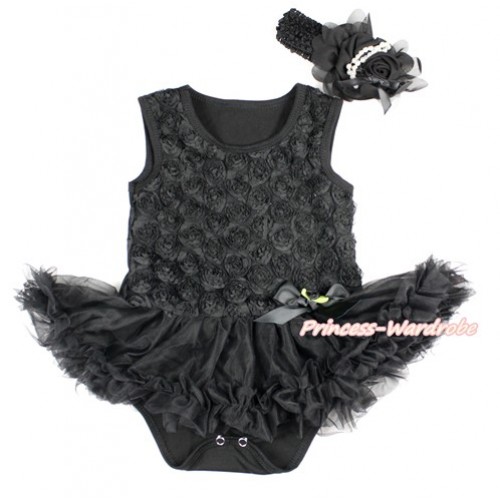 Valentine's Day Black Romantic Rose Baby Bodysuit Jumpsuit Black Pettiskirt & Black Bow With Black Headband Black Chiffon Rose JS2779 