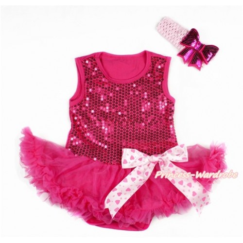 Valentine's Day Hot Pink Sparkle Sequins Baby Bodysuit Jumpsuit Hot Pink Pettiskirt & Light Hot Pink Heart Bow With Light Pink Headband Hot Pink Sparkle Sequins Bow JS2787 