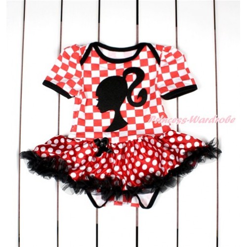 Red White Checked Baby Bodysuit Jumpsuit Minnie Dots Black Pettiskirt with Barbie Princess Print JS2811 