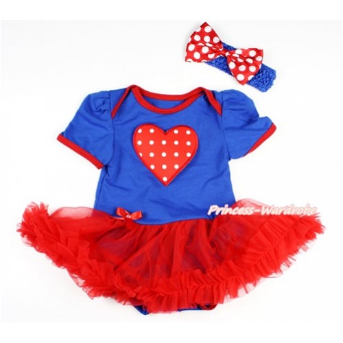 Royal Blue Baby Bodysuit Jumpsuit Red Pettiskirt With Red White Dots Heart Print With Royal Blue Headband Minnie Dots Satin Bow JS2832 
