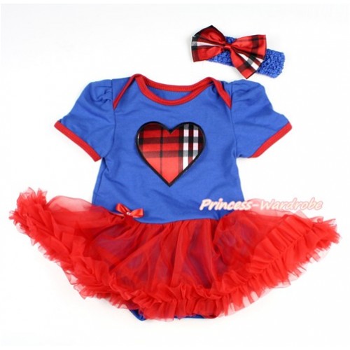 Royal Blue Baby Bodysuit Jumpsuit Red Pettiskirt With Red Black Checked Heart Print With Royal Blue Headband Red Black Checked Satin Bow JS2836 