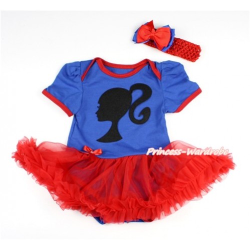 Royal Blue Baby Bodysuit Jumpsuit Red Pettiskirt With Barbie Princess Print With Red Headband Red Royal Blue Ribbon Bow JS2838 