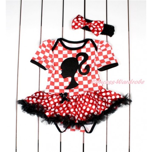 Red White Checked Baby Bodysuit Jumpsuit Minnie Dots Black Pettiskirt With Barbie Princess Print With Black Headband Minnie Dots Satin Bow JS2842 