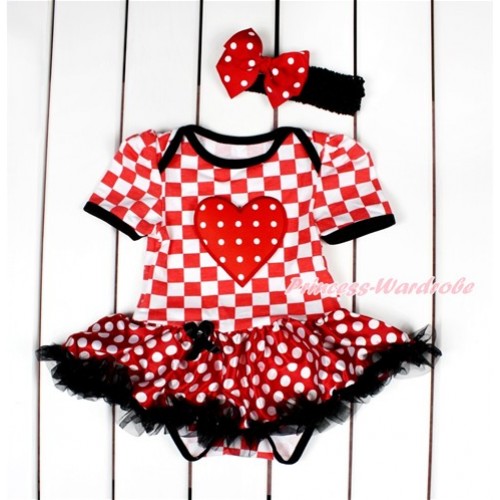 Red White Checked Baby Bodysuit Jumpsuit Minnie Dots Black Pettiskirt With Red White Dots Heart Print With Black Headband Minnie Dots Silk Bow JS2846 