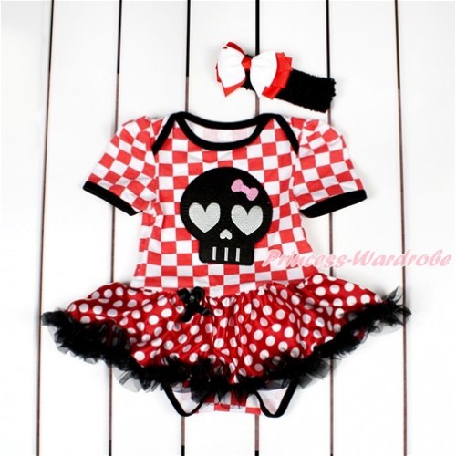 Red White Checked Baby Bodysuit Jumpsuit Minnie Dots Black Pettiskirt With Black Skeleton Print With Black Headband White Red Ribbon Bow JS2847 