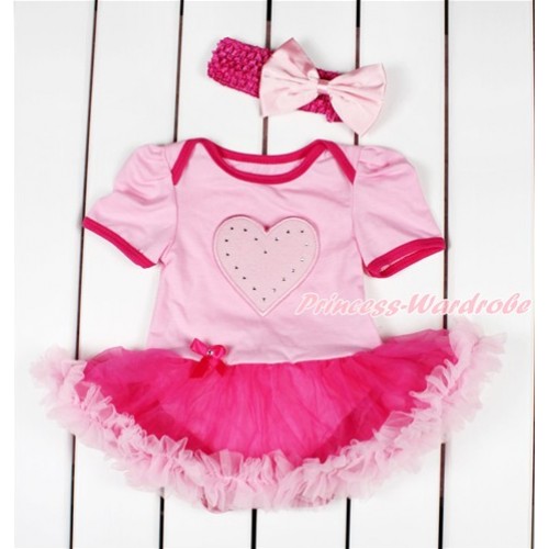Light Pink Baby Bodysuit Jumpsuit Hot Light Pink Pettiskirt With Light Pink Heart Print With Hot Pink Headband Light Pink Satin Bow JS2851 