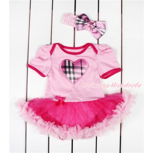 Light Pink Baby Bodysuit Jumpsuit Hot Light Pink Pettiskirt With Light Pink Checked Heart Print With Light Pink Headband Light Pink Checked Satin Bow JS2853 