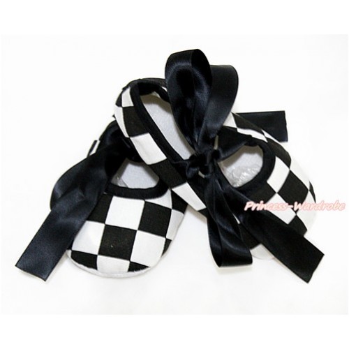 Black White Checked Shoes with Black Ribbon Crib Shoes S622 