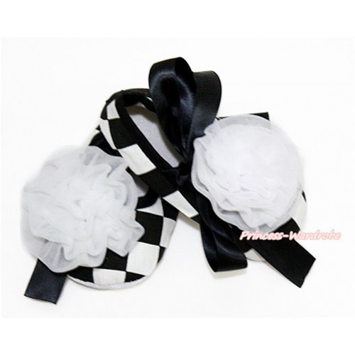 Black White Checked Shoes with Black Ribbon Crib Shoes With White Rosettes S623 