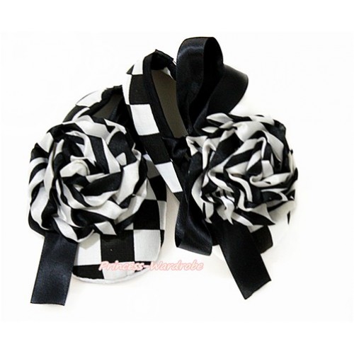 Black White Checked Shoes with Black Ribbon Crib Shoes With Zebra Rosettes S624 
