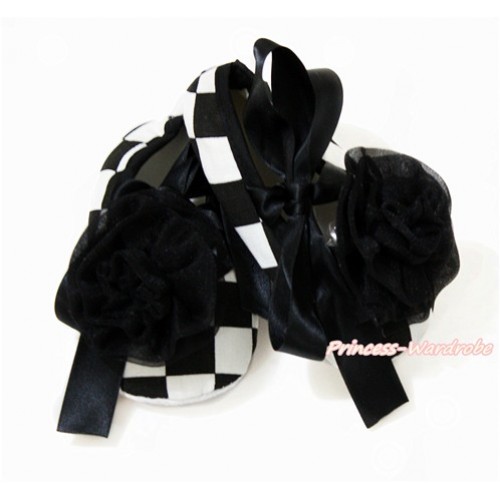 Black White Checked Shoes with Black Ribbon Crib Shoes With Black Rosettes S625 