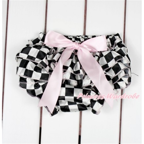 Black White Checked Satin Layer Panties Bloomers With Light Pink Bow BC187 