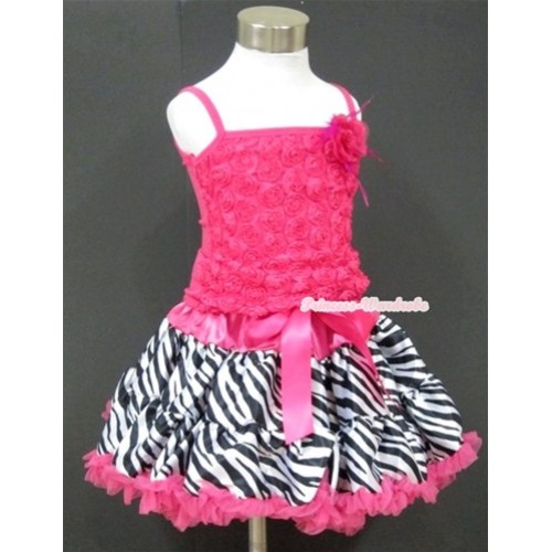 Hot Pink Romantic Rose Strap Pettitop With Hot Pink Feather Rosettes With Hot Pink Zebra Pettiskirt MR216 