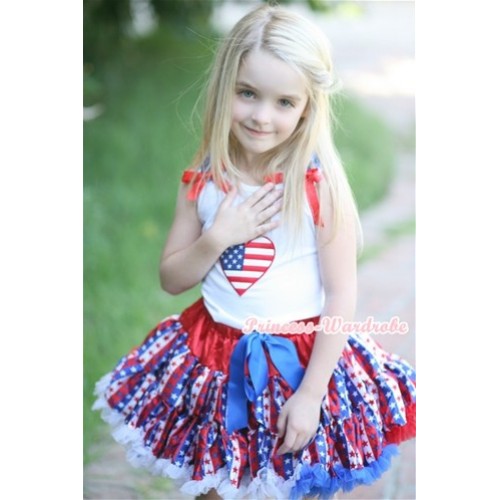 White Tank Top with Patriotic American Heart Print with Red White Royal Blue Striped Stars Ruffles & Royal Blue Bow & Red White Royal Blue Striped Stars Pettiskirt MG597 