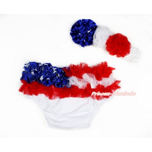 America Flag Ruffles World Cup Panties Bloomers & White Headband Patriotic American Stars White Red Rose BA06 