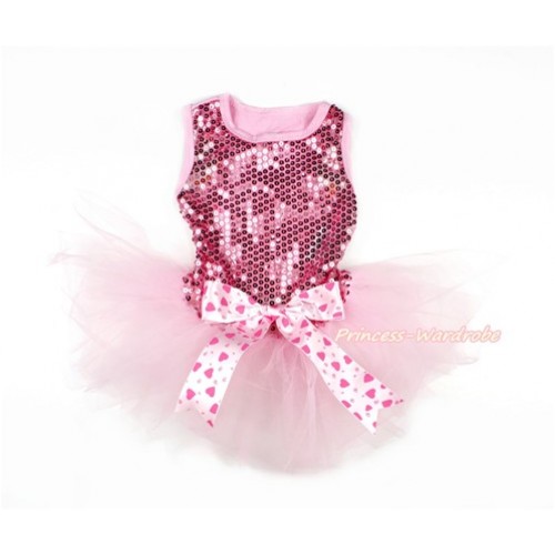 Sparkle Sequins Light Pink Sleeveless Light Hot Pink Heart Bow Gauze Skirt Pet Dress DC051 