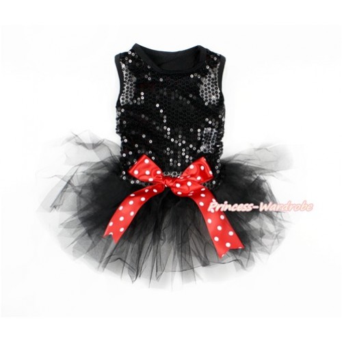 Sparkle Sequins Black Sleeveless Minnie Dots Bow Gauze Skirt Pet Dress DC055 