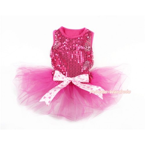 Sparkle Sequins Hot Pink Sleeveless Light Hot Pink Heart Bow Gauze Skirt Pet Dress DC056 