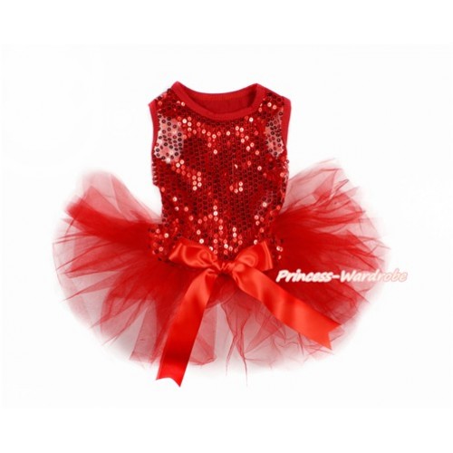 Sparkle Sequins Red Sleeveless Red Bow Gauze Skirt Pet Dress DC059 
