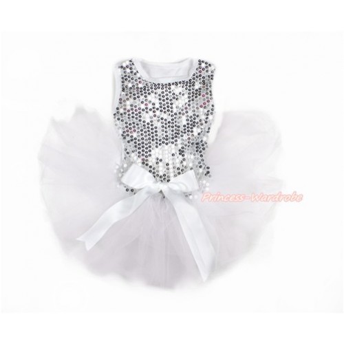Sparkle Sequins White Sleeveless White Bow Gauze Skirt Pet Dress DC060 
