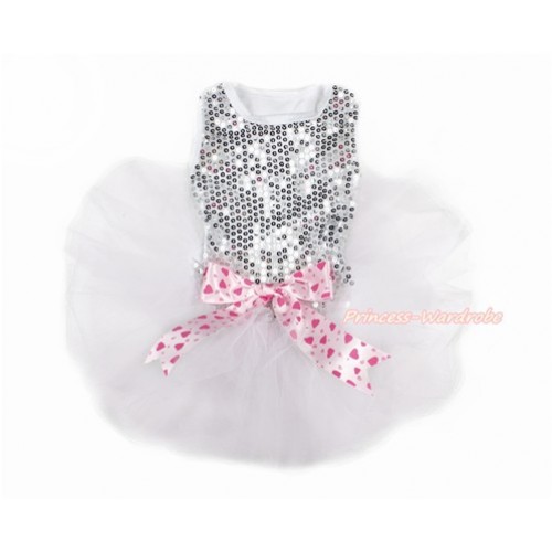 Sparkle Sequins White Sleeveless Light Hot Pink Heart Bow Gauze Skirt Pet Dress DC061 