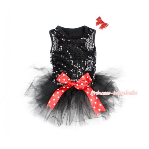 Sparkle Sequins Black Sleeveless Minnie Dots Bow Gauze Skirt Pet Dress & Red Sparkle Sequins Bow DC066 