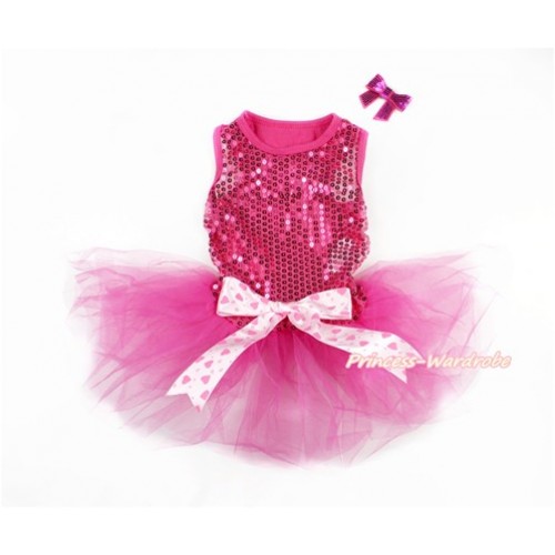 Sparkle Sequins Hot Pink Sleeveless Light Hot Pink Heart Bow Gauze Skirt Pet Dress & Hot Pink Sparkle Sequins Bow DC067 